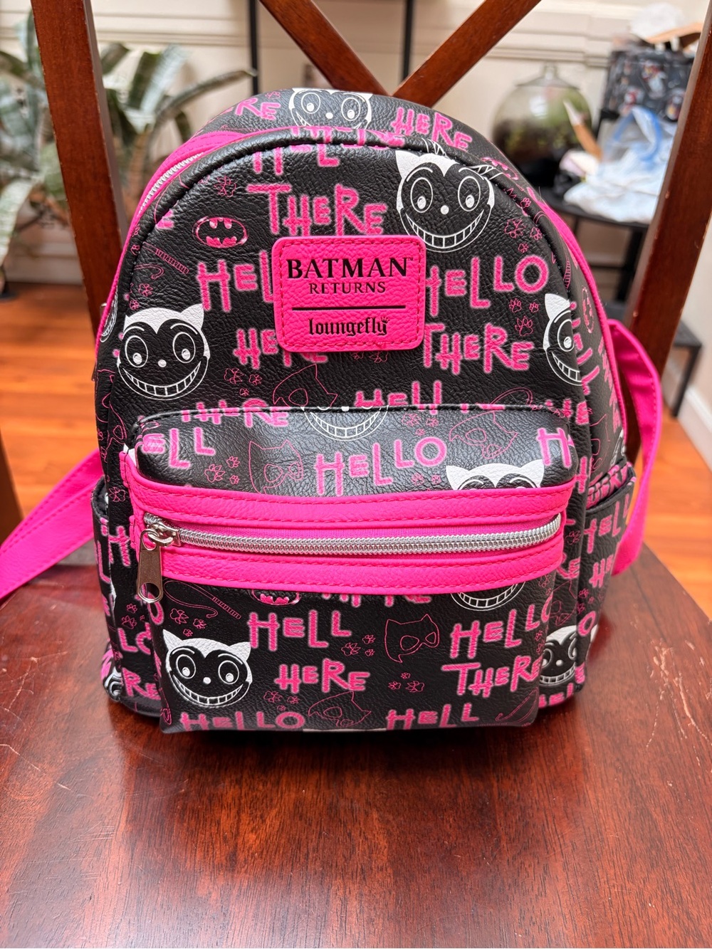 Loungefly Batman Returns Pink & Black Mini Backpack with Smiling cat Motif